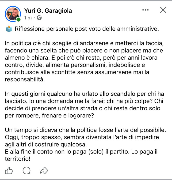 Politica - La riflessione di Yuri Garagiola dopo le amministrative